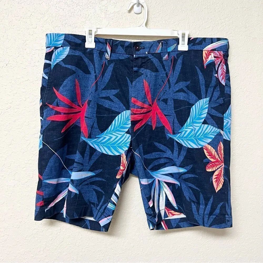 Tommy Hilfiger Men's 9" Inseam Tropical Leaves Graphic Shorts Blue Chino Size 40